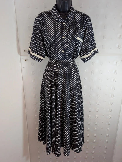 Vintage 1970s Aquascutum Navy Polka Dot Blouse & Skirt Set Made in France