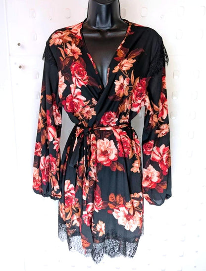 Midnight Bakery Rose Print Lace Trim Kimono Robe M/L Romantic