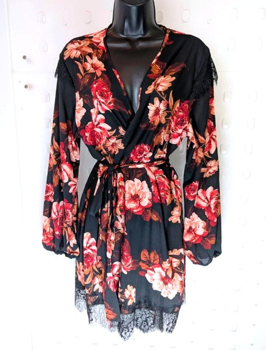 Midnight Bakery Rose Print Lace Trim Kimono Robe M/L Romantic