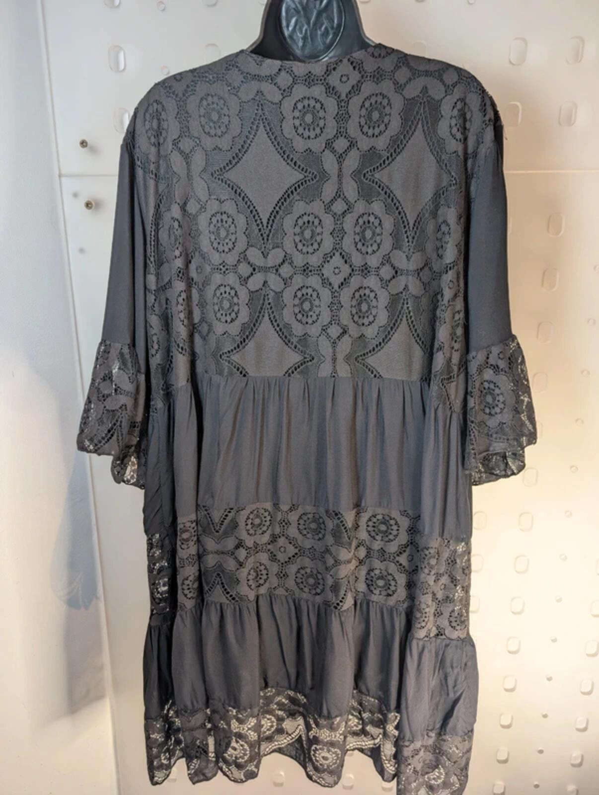 Black Lace Dress – Flared Sleeves V Neck – Sheer Detail – Gothic Summer One Size