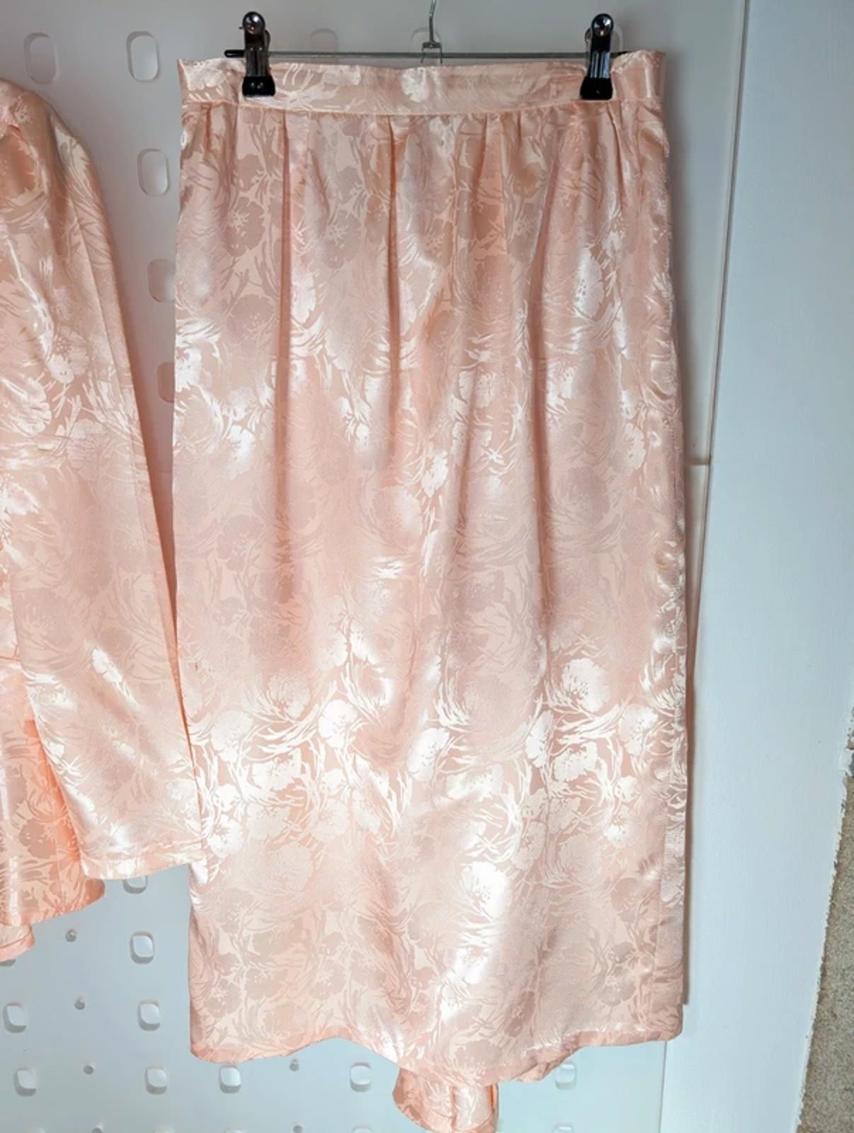 Vintage Peach Satin Two Piece Set Peplum Top Lace Detail Skirt