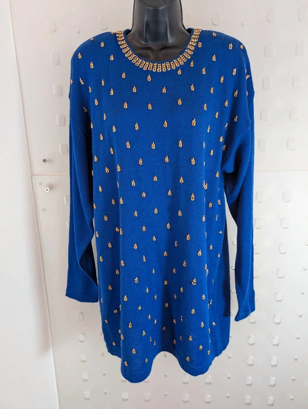 Vintage 1980s NYC Collection Royal Blue Embellished Longline Jumper M