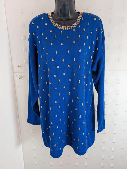 Vintage 1980s NYC Collection Royal Blue Embellished Longline Jumper M