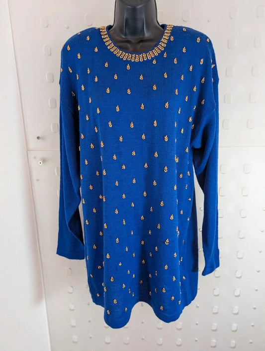 Vintage 1980s NYC Collection Royal Blue Embellished Longline Jumper M