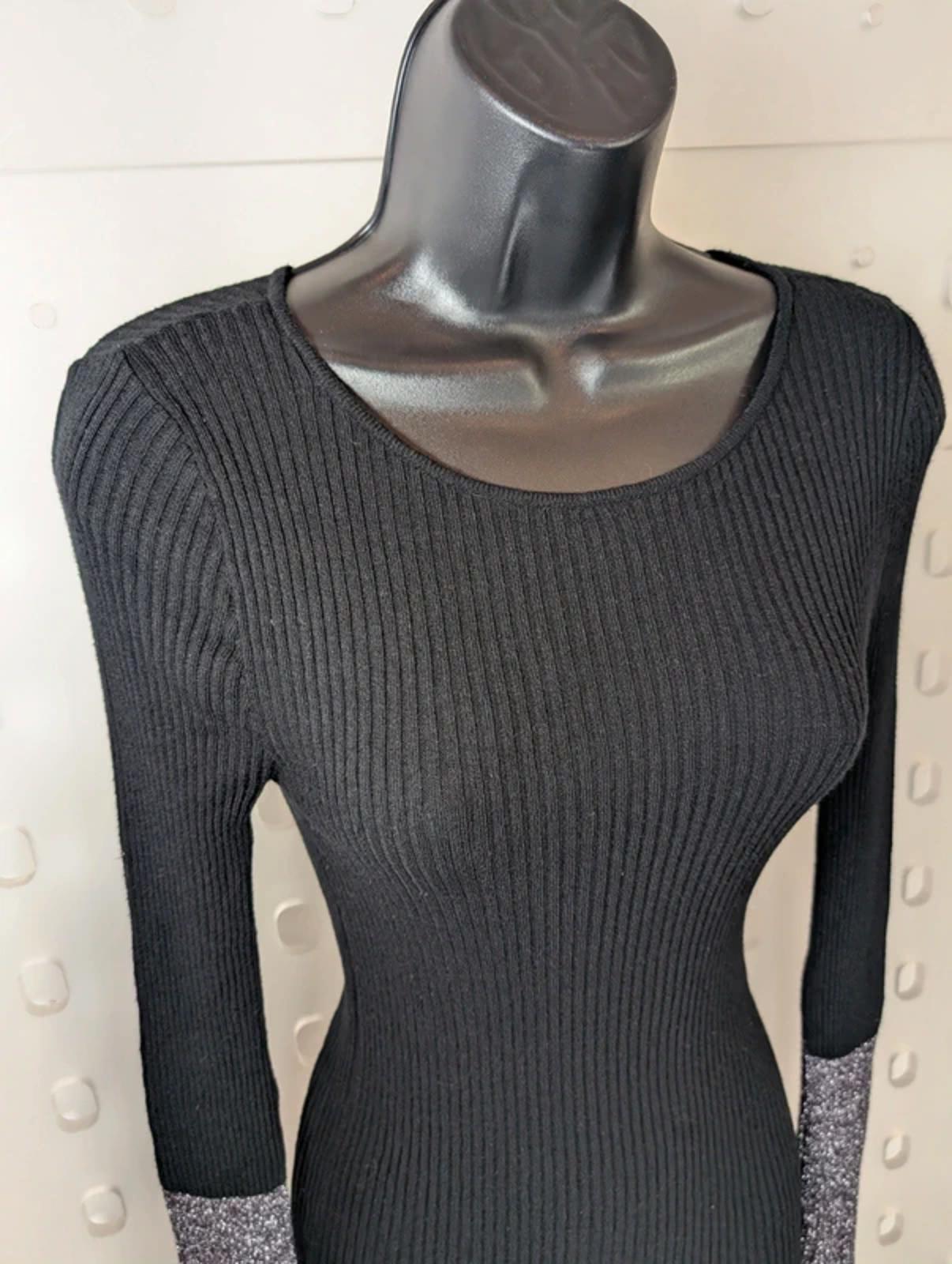 Rue de Femme Ribbed Knit Top M Black Lurex Fluted Sleeve Slim Fit