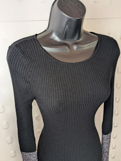 Rue de Femme Ribbed Knit Top M Black Lurex Fluted Sleeve Slim Fit