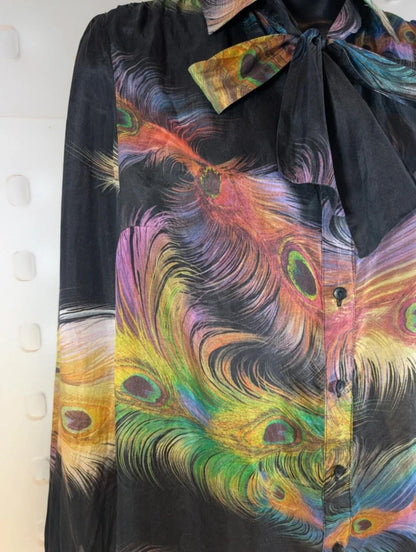 Supertrash Silk Feather Print Blouse Sheer Tie Neck Button Front