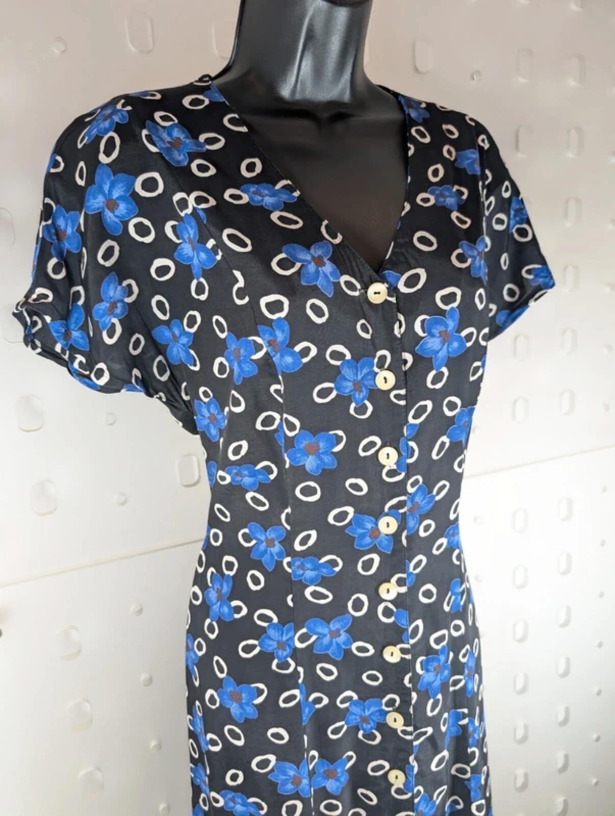Vintage Citylife Floral Tea Dress Black Blue UK10