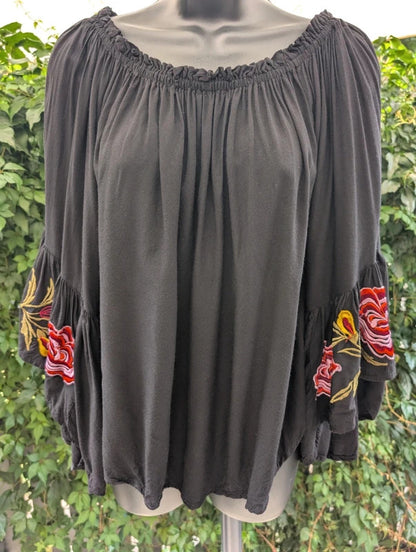 Jordash Embroidered Bell Sleeve Boho Top Black XL