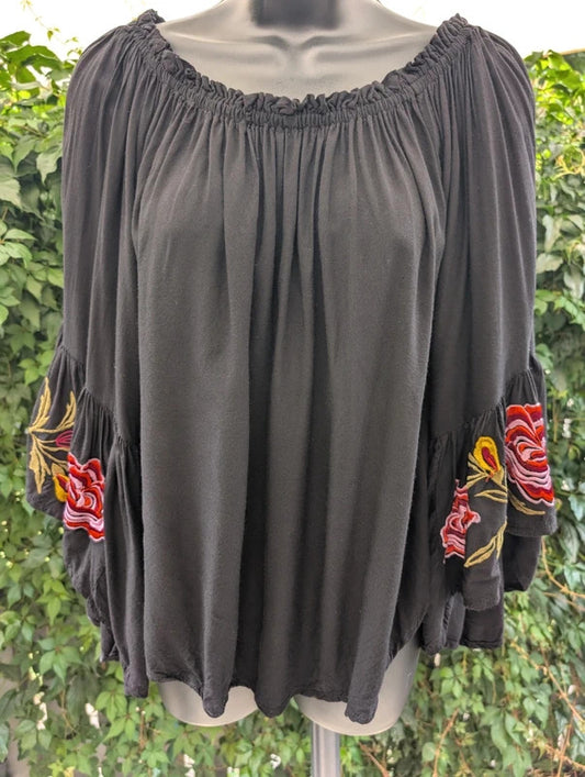 Jordash Embroidered Bell Sleeve Boho Top Black XL