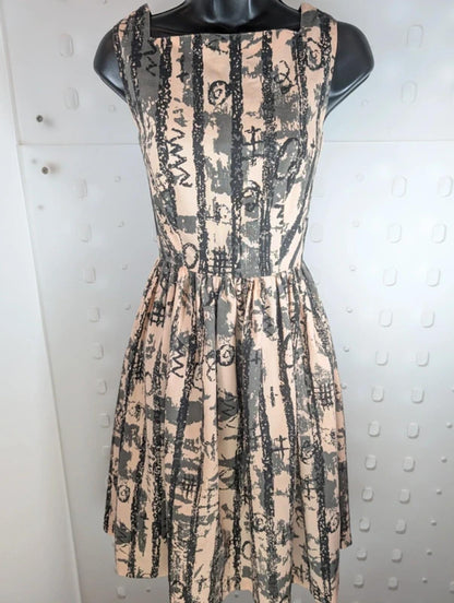 Vintage Miss Selfridge Cotton Fit & Flare Dress Peach Black UK6/8