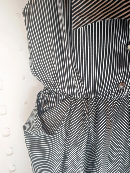 Vintage Black Silver Pinstripe Statement Dress Oversized Collar UK 12