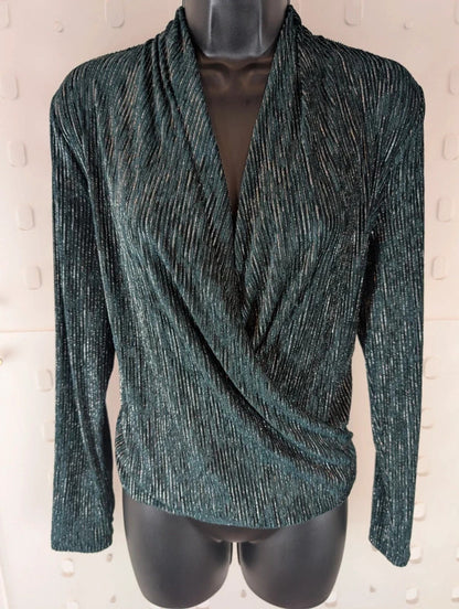 Rio & Rian Teal Green Silver Metallic Wrap Top Small
