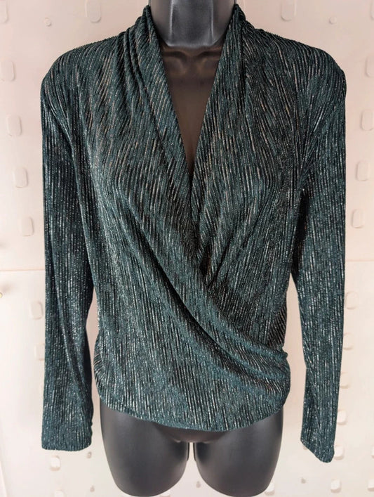 Rio & Rian Teal Green Silver Metallic Wrap Top Small