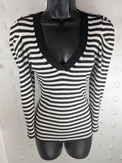Morgan De Toi Striped Knit Top Skull Buttons Medium