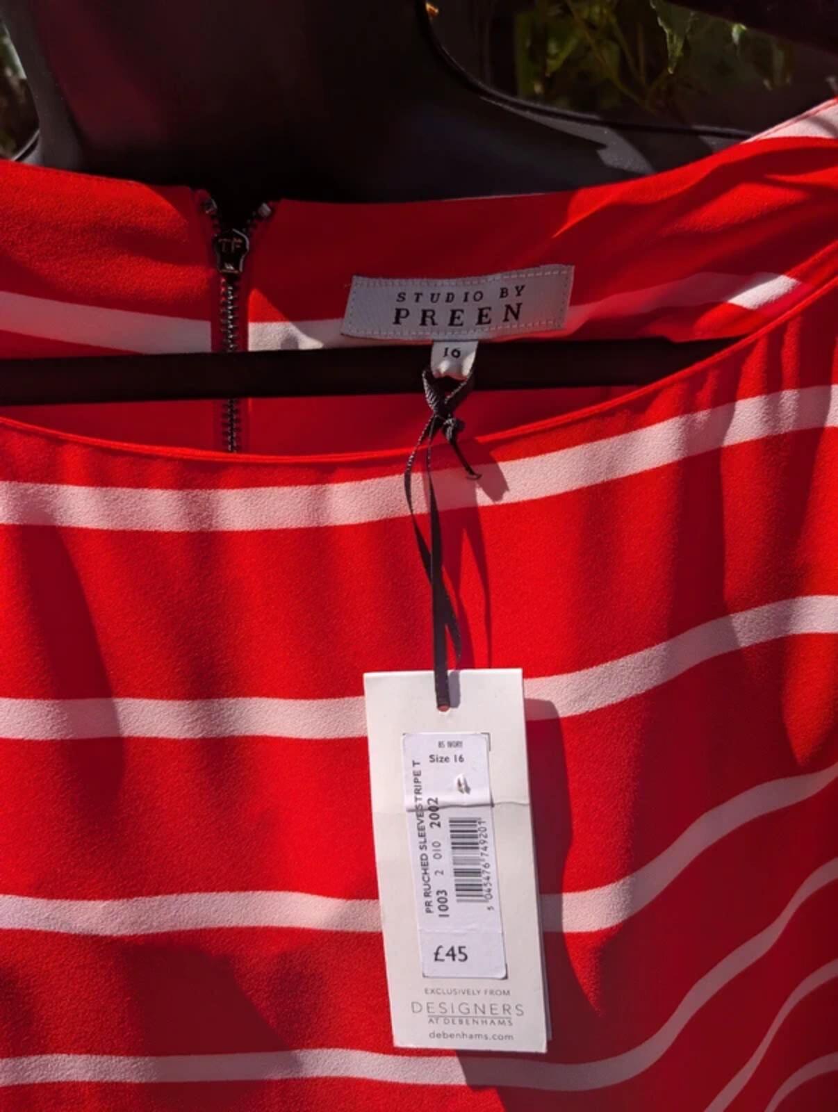 Studio by Preen Coral Stripe Ruched Sleeve Top UK16 NWT