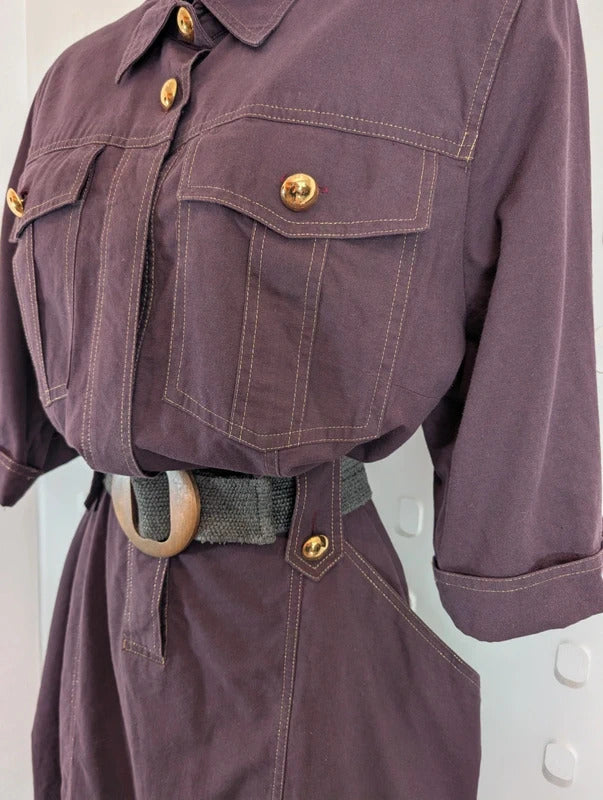 Vintage 80s Jobis Aubergine Cotton Shirt Dress UK16 EU44