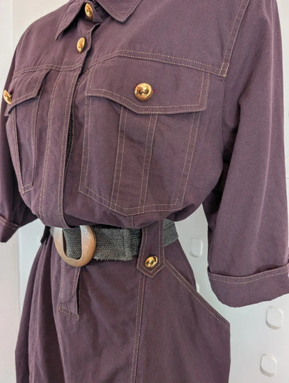 Vintage 80s Jobis Aubergine Cotton Shirt Dress UK16 EU44