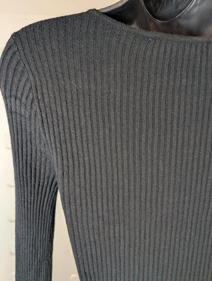 Rue de Femme Ribbed Knit Top M Black Lurex Fluted Sleeve Slim Fit