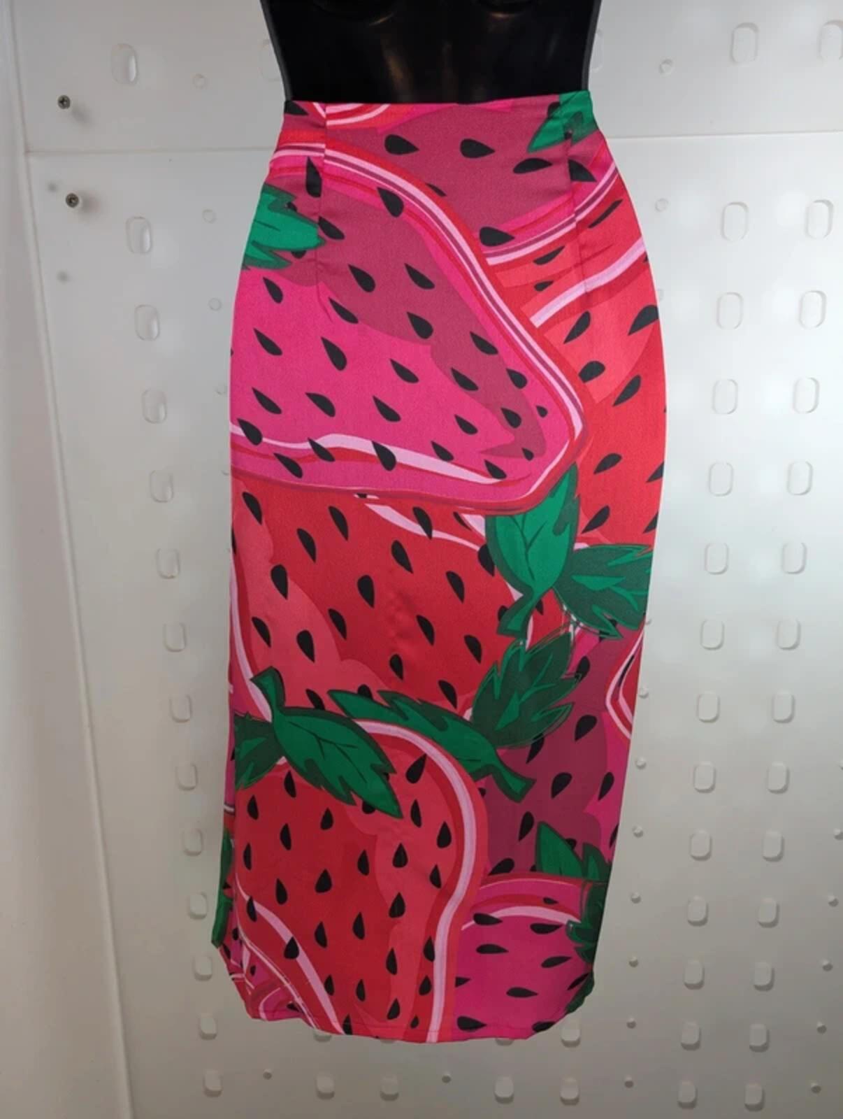 Never Fully Dressed Strawberry Print Satin Wrap Skirt Small