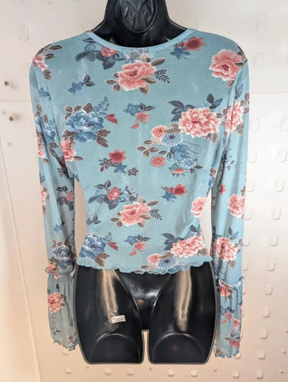Y2K Blue Floral Mesh Top Size L Sheer Stretch