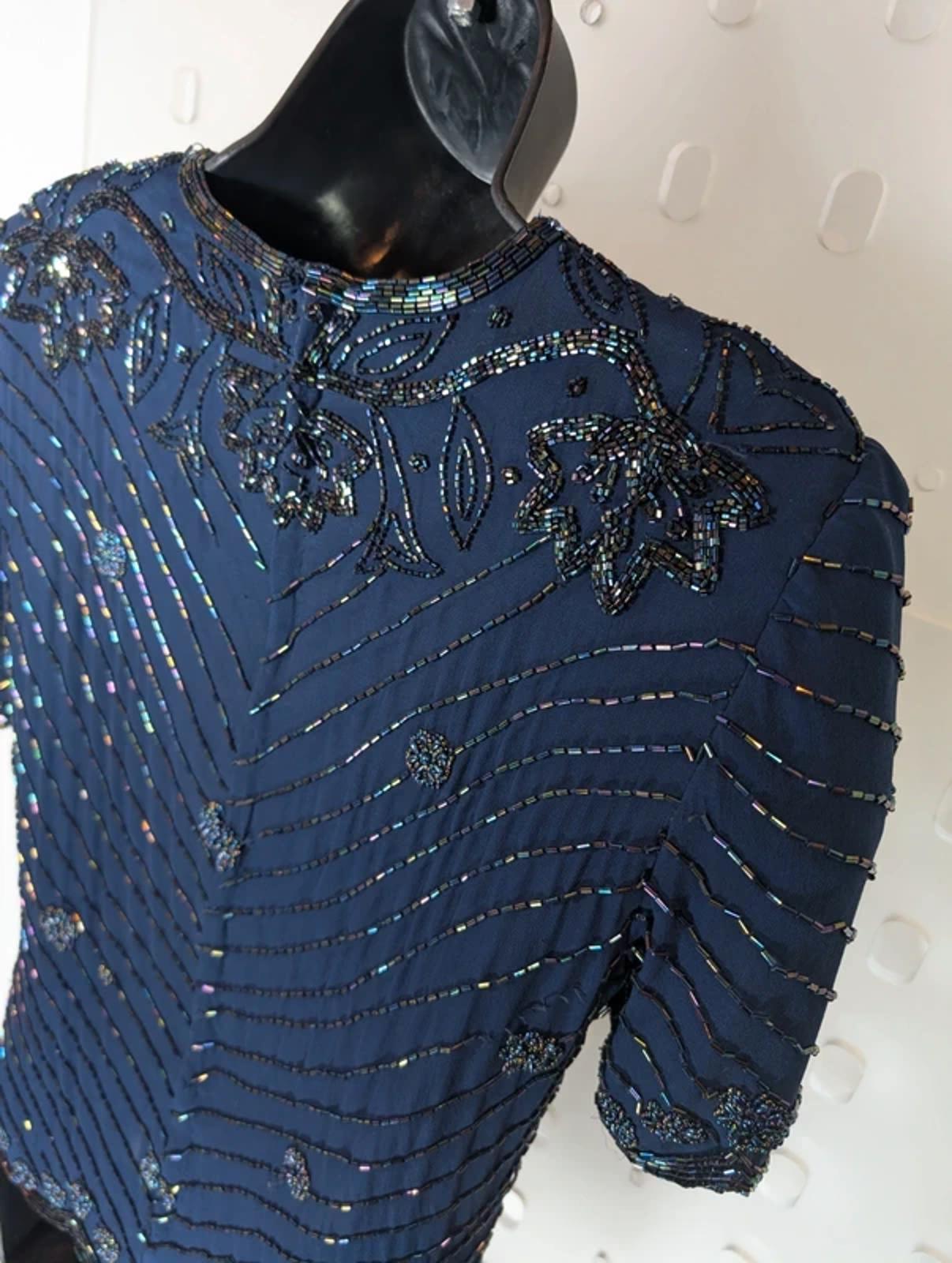 Simon Ellis Navy Silk Beaded Evening Top Vintage Glam UK10
