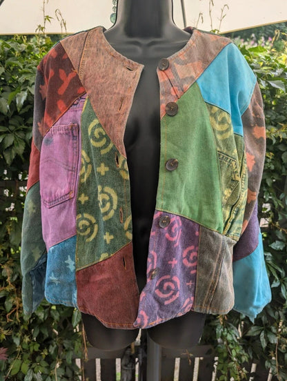 Sacred Threads Patchwork Denim Bomber Jacket Cotton S/M