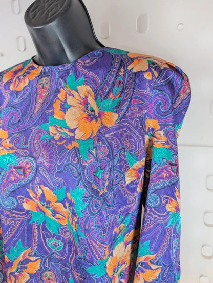 Vintage Melissa Purple Paisley Blouse Statement Bow Back Iridescent 80s Style