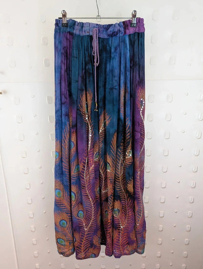 Indian Peacock Print Embellished Rayon Maxi Skirt Free Size