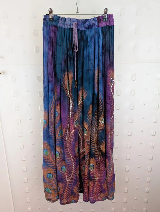 Indian Peacock Print Embellished Rayon Maxi Skirt Free Size