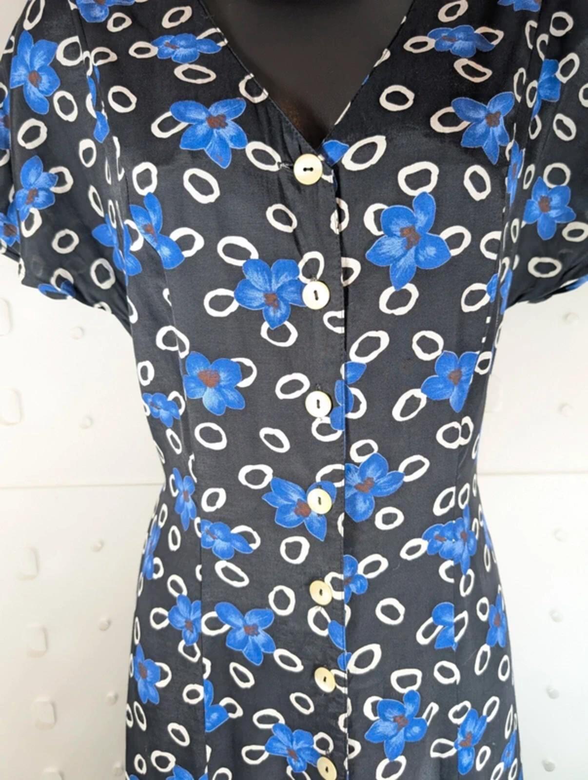 Vintage Citylife Floral Tea Dress Black Blue UK10