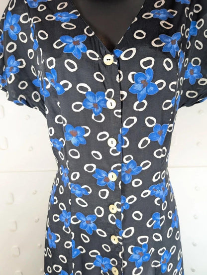 Vintage Citylife Floral Tea Dress Black Blue UK10