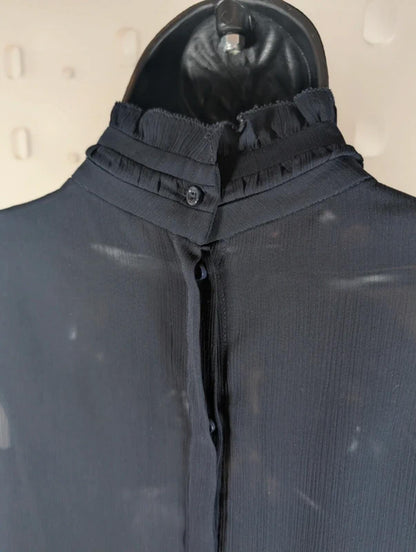 Second Female Truffle Blouse Navy Sheer Back Frill Neck Button Back Scandi XS