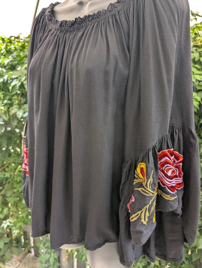 Jordash Embroidered Bell Sleeve Boho Top Black XL