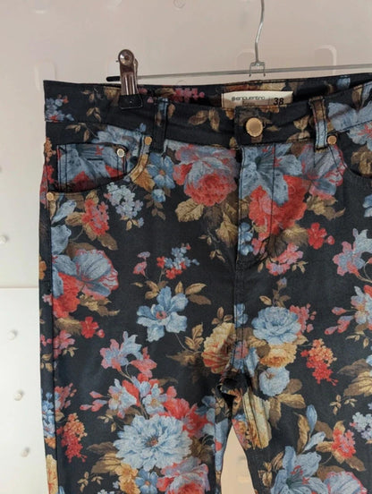 Dark Floral Jeans – High Waist Straight Leg – Statement Print – UK 10