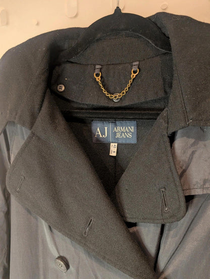 Armani Jeans Black Trench Coat with Removable Lining – Size 42 (UK 10 / US 6)