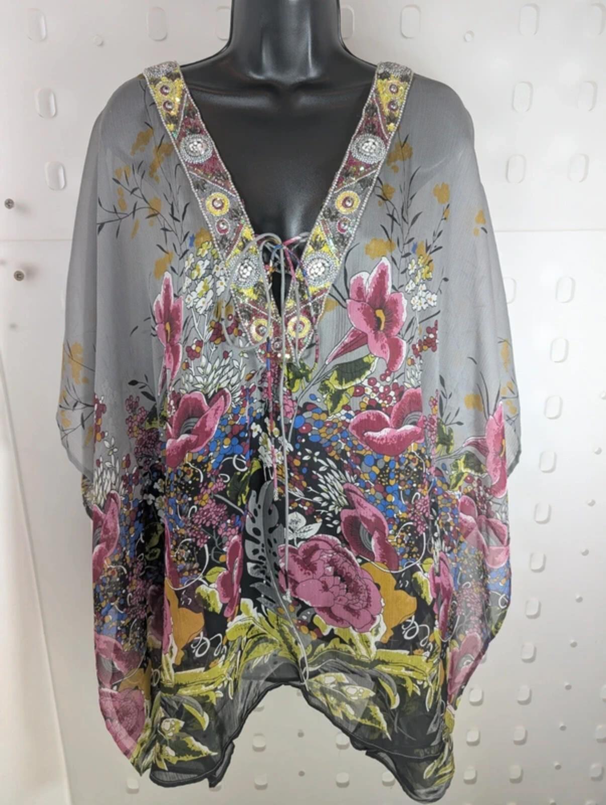 Simply Rhona Resort Wear Floral Kaftan Grey Multi Medium