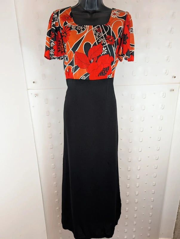 Vintage 1970s Handmade Floral Black Maxi Dress