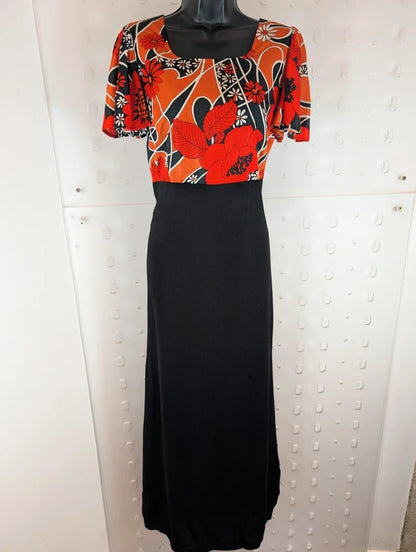 Vintage 1970s Handmade Floral Black Maxi Dress