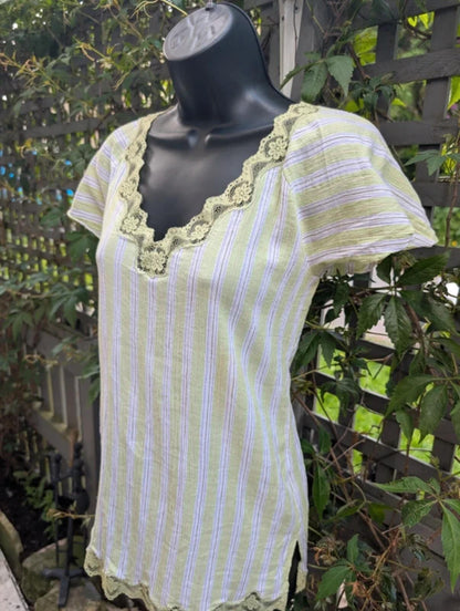 Blue Mist textured stripe cotton t shirt UK10 lace trim longline top