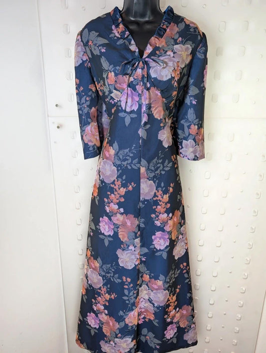 Vintage 70s Floral Maxi Dress – Empire Line – Sheer Overlay – UK 12/14