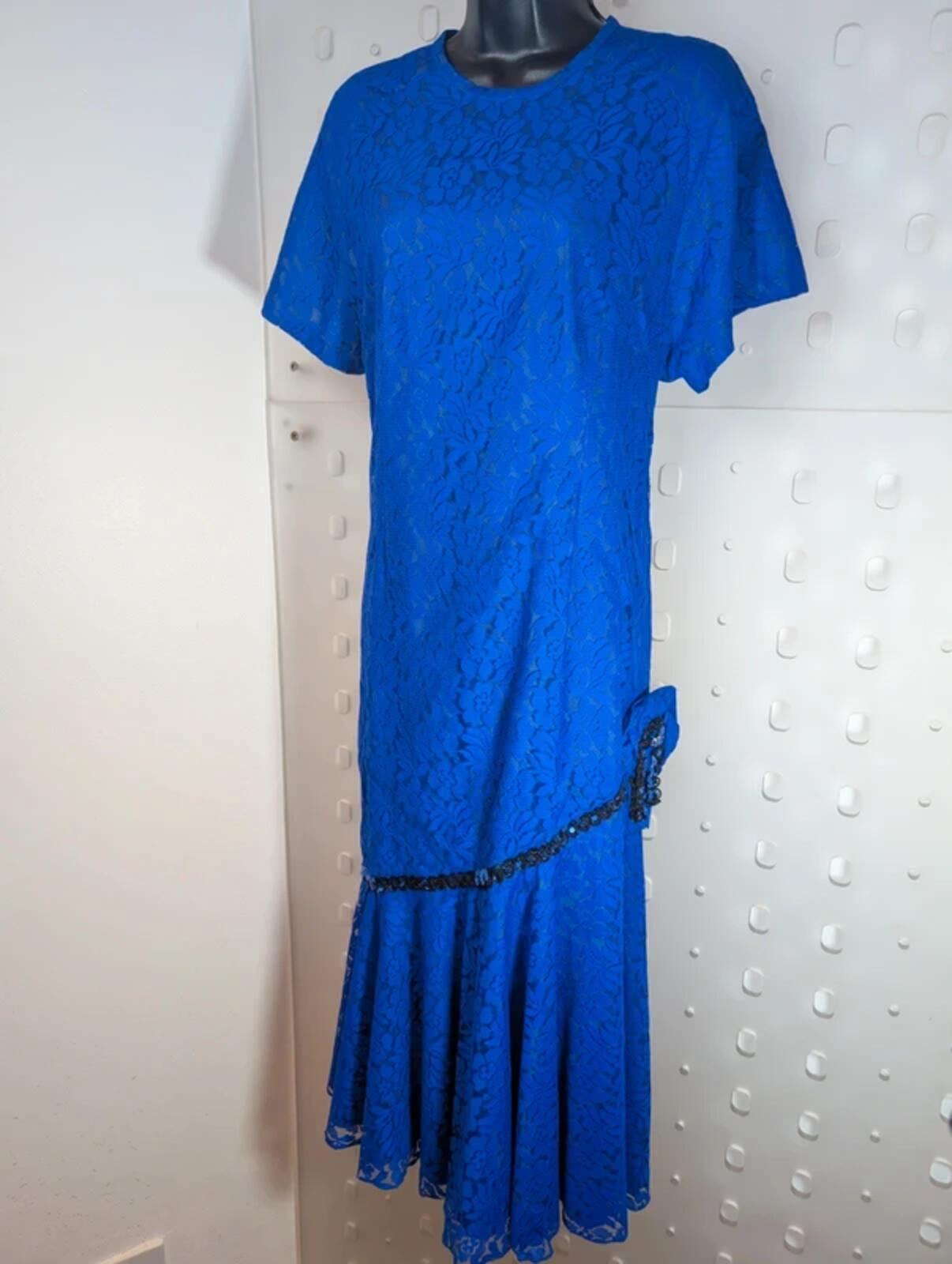 Vintage Blue Lace Maxi Dress Royal Blue UK14/16