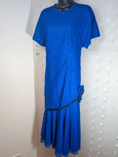 Vintage Blue Lace Maxi Dress Royal Blue UK14/16