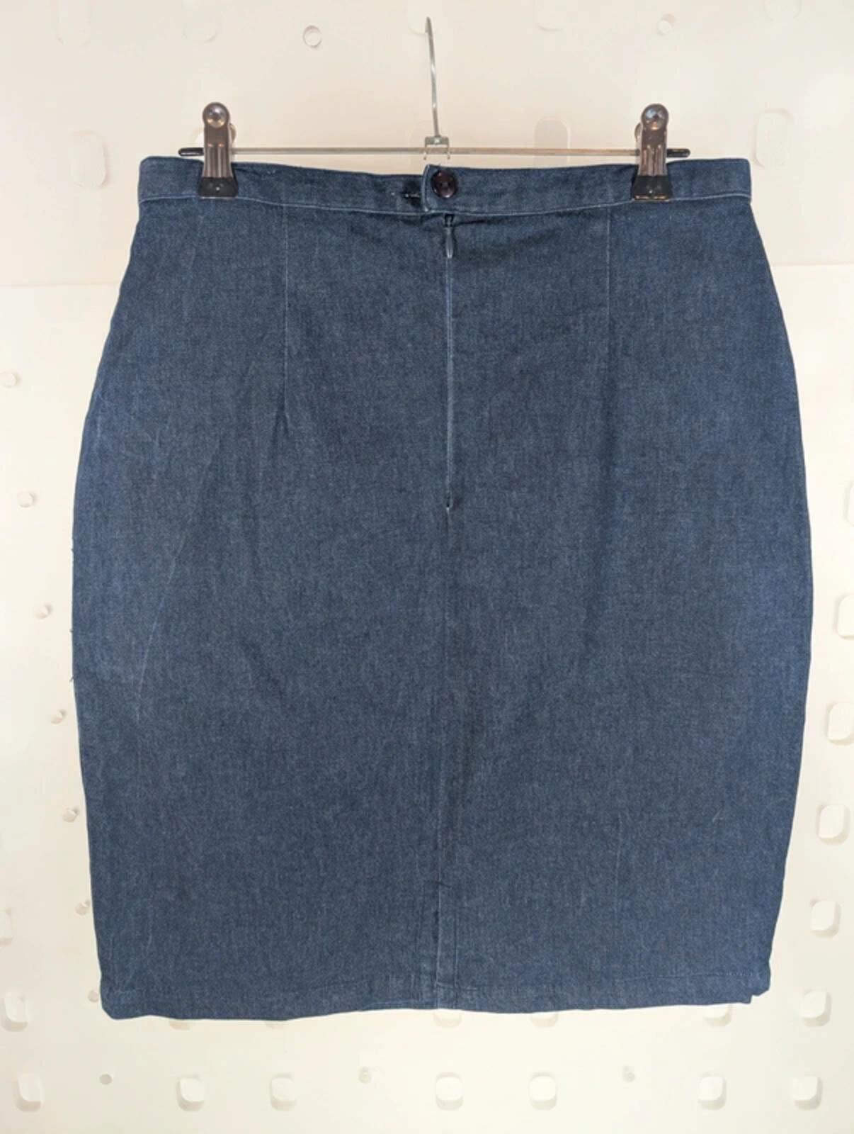 Joie de Vivre Denim Embroidered Pencil Skirt UK 12 Stretch Cotton