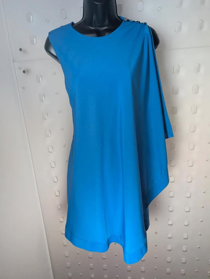 Ted Baker Blue Asymmetric Bodycon Dress Size 3 UK 12 Gold Button Detail Occasion