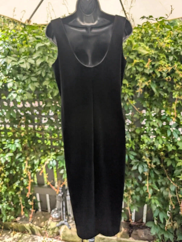 Vintage BHS Black Velvet Midi Dress Made in Great Britain UK14