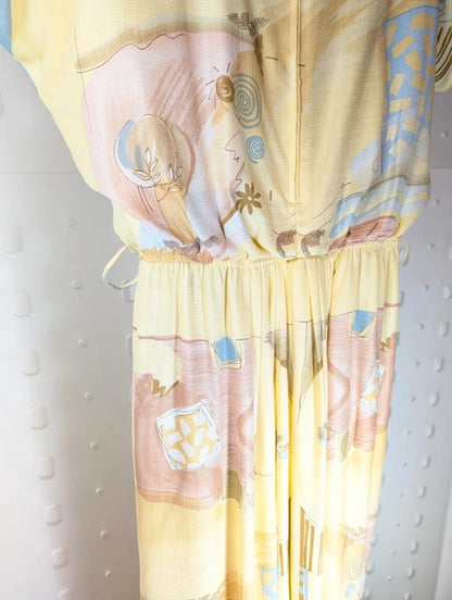 Vintage Janina Schreck Yellow Patterned Midi Dress UK 16