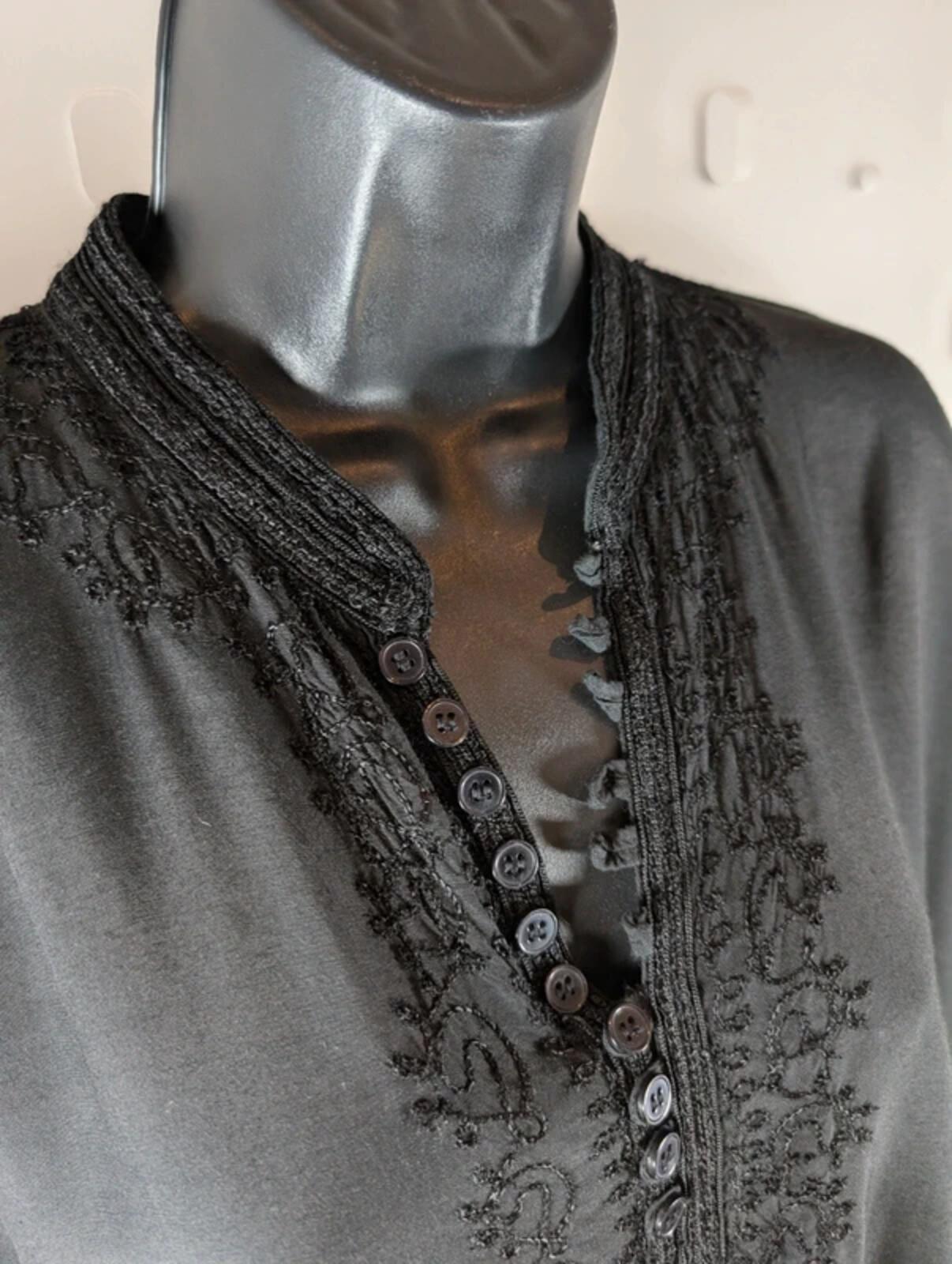 Black Embroidered Boho Viscose Blouse Oversized L/XL Summer
