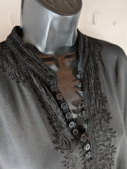 Black Embroidered Boho Viscose Blouse Oversized L/XL Summer