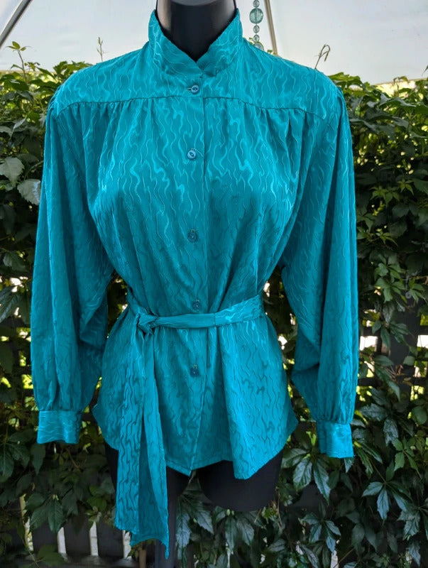 Vintage 1980s Teal Green Blouse With Tie Medium